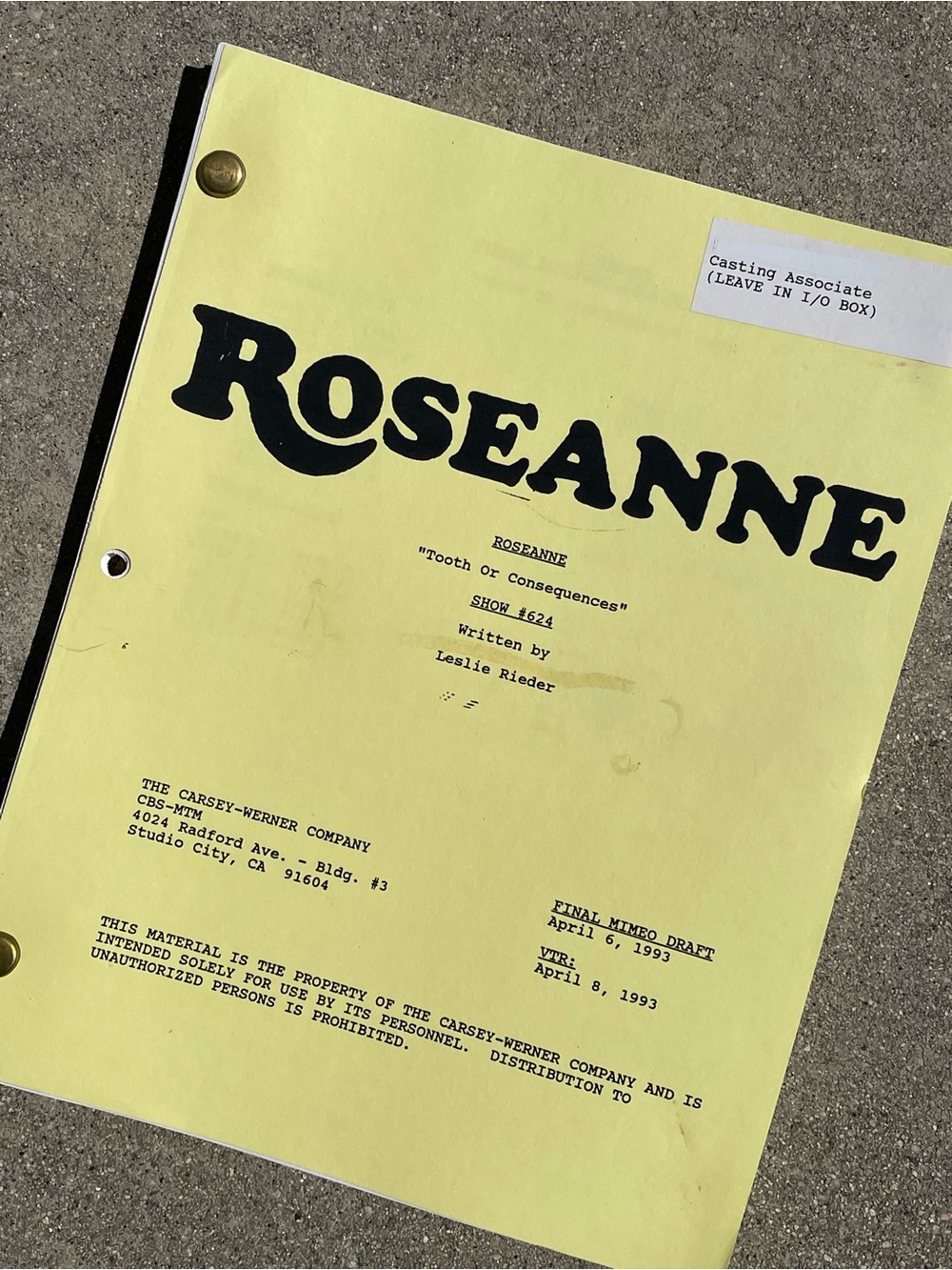 Roseanne Vtg 1993 Production Used Final Mimeo Draft Script Tooth Or Consequence